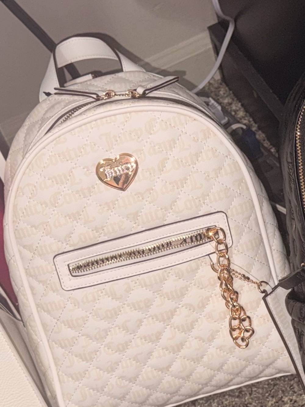 Juicy Couture White Quilted Mini Backpack with Gold Heart Charm